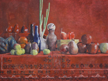 Red Still Life with Sprouting Onion (Always for C.W.) by David Summers at Les Yeux du Monde Gallery