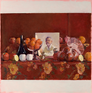 Red Still Life with Square Mirror, Shrouded Apples and Parted Lemon by David Summers at Les Yeux du Monde Gallery
