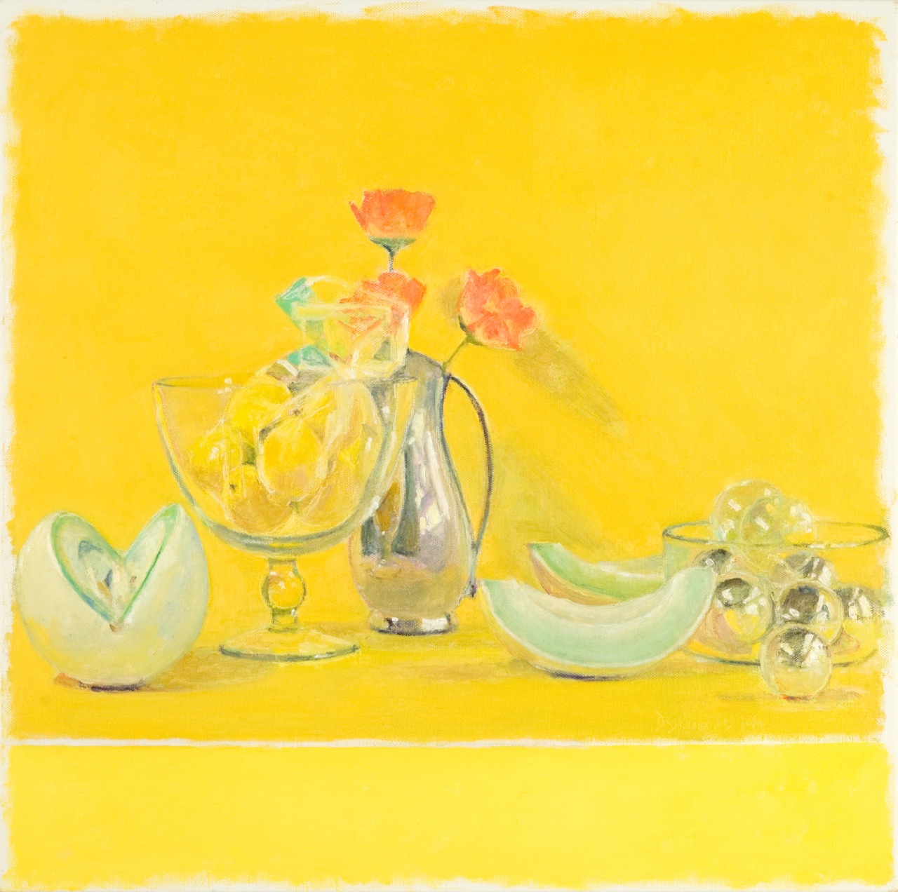 Happy Yellow Still Life with Shrouded Lemons, Melon and Bowl of Baubles by David Summers at Les Yeux du Monde Art Gallery
